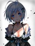  :3 antenna_hair bangs bare_shoulders black_bow black_choker black_dress blue_eyes blue_hair bow breasts choker cleavage closed_mouth collarbone dennou_shoujo_youtuber_shiro dolphin_pendant dress eyebrows_visible_through_hair flower frilled_dress frills gradient gradient_background grey_background hair_flower hair_ornament jewelry juliet_sleeves large_breasts light long_sleeves looking_at_viewer pendant pink_lips pink_pupils puffy_sleeves shiro_(dennou_shoujo_youtuber_shiro) short_hair smile solo swept_bangs virtual_youtuber white_flower yodare_(3yami8) 