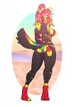  anthro beach bikini black_fur black_tail blonde_hair breasts butt butt_pose canine clothed clothing digitigrade female fur gloves_(marking) hair looking_at_viewer looking_back mammal markings multicolored_fur multicolored_hair multicolored_nose multicolored_tail outside rainbow_tail red_fur red_hair red_nose rokemi seaside side_boob skimpy smile socks_(marking) solo standing swimsuit two_tone_hair yellow_fur yellow_nose 