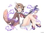  :d animal_print ass bell blue_eyes blush brown_hair brown_jacket butterfly_print company_name flat_chest full_body hair_ornament hair_wings hitodama jacket jingle_bell knees_up monmusu_harem namaru_(summer_dandy) official_art open_mouth red_neckwear sandals short_hair sitting smile 
