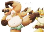  2017 anthro blush brown_fur bulge canine clothing duo fox fur humanoid_hands japanese_text male mammal meg_hoi overweight overweight_male simple_background tanuki text tongue tongue_out underwear white_background 
