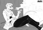  anthro cigarette clothed clothing eyewear footwear glasses greyscale hair lazydez lizard male monochrome reptile scalie shoes sitting smoke solo 