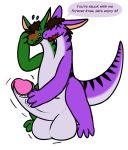  2_head anthro blush conjoined green_scales hyper hyper_penis kree merging multi_head penis purple_scales scales tekayos 