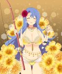  ass_visible_through_thighs bikini blue_hair bracelet breasts cleavage closed_eyes cowboy_shot fishing_rod flower gem gold_bikini hair_flower hair_ornament jewelry large_breasts long_hair nachi_(senran_kagura) navel official_art open_mouth pendant senran_kagura senran_kagura_new_wave solo swimsuit very_long_hair yaegashi_nan yellow 