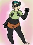  2017 3_toes 5_fingers anthro barefoot bear bearsona_(cyberella) biped black_eyes black_fur black_markings black_nose black_pawpads blep blue_hair breasts clothed clothing crop_top cyberella digital_drawing_(artwork) digital_media_(artwork) eye_markings eyebrows eyewear facial_markings female front_view frown full-length_portrait fully_clothed fur glasses green_clothing green_topwear hair handpaw looking_aside looking_away mammal markings medium_breasts midriff multicolored_fur navel orange_bottomwear orange_clothing outline pawpads pawprint paws pince-nez pink_background pink_tongue portrait raised_arm shirt short_hair shorts signature simple_background solo spectacled_bear standing tan_fur tan_markings toes tongue tongue_out toony two_tone_fur waving 