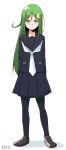  black_legwear black_serafuku crescent crescent_hair_ornament crescent_moon_pin full_body green_eyes green_hair hair_ornament kantai_collection long_hair looking_at_viewer moti_coi nagatsuki_(kantai_collection) neckerchief necktie pantyhose school_uniform serafuku simple_background solo thighhighs white_background white_neckwear 