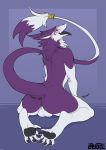  anthro backsack balls blush butt feet kneeling lazydez looking_back male nude sergal smile solo tongue tongue_out 