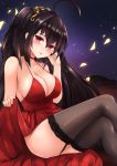  :p ahoge azur_lane bangs bare_arms bare_shoulders blush breasts brown_hair brown_legwear choker cleavage closed_mouth cocktail_dress collarbone commentary_request crossed_legs dress eyebrows_visible_through_hair garter_straps hair_between_eyes hair_ornament hand_on_own_face hand_up head_tilt highres large_breasts long_hair looking_at_viewer one_side_up red_choker red_dress red_eyes ryara_vivi sitting skirt_hold sleeveless sleeveless_dress smile solo taihou_(azur_lane) thighhighs tongue tongue_out very_long_hair 