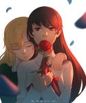  artist_name bangs black_hair blonde_hair blurry blurry_background blurry_foreground closed_eyes closed_mouth dress eyebrows_visible_through_hair flower green_dress hair_over_one_eye holding holding_flower hug ib ib_(ib) koyorin looking_at_viewer mary_(ib) multiple_girls palette_knife petals red_eyes red_flower red_rose rose shirt smile upper_body white_background white_shirt 