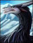  2017 ambiguous_gender black_feathers day digital_media_(artwork) dragon feathered_dragon feathers glacierdragon green_eyes horn open_mouth outside teeth tongue 