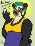  2016 anthro bear bearsona_(cyberella) biped black_claws black_fur black_markings black_nose black_tail blue_hair breasts brown_hair claws cleavage clothed clothing clwavage cyberella dialogue digital_drawing_(artwork) digital_media_(artwork) ear_piercing english_text eye_markings eyebrows eyewear facial_markings female front_view frown fur glasses hair half-length_portrait inner_ear_fluff looking_at_hair looking_at_self looking_up mammal markings medium_breasts multicolored_fur open_frown open_mouth piercing pink_tongue portrait purple_clothing raised_arm raised_eyebrow shirt short_hair short_tail signature simple_background slightly_chubby snout solo spectacled_bear talking_to_self tan_fur tan_markings tank_top teeth text tongue two_tone_fur yellow_background yellow_clothing 