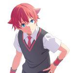  bettle_(b_s_a_n) blue_eyes hand_on_hip hibiki_yuuta highres looking_at_viewer necktie red_hair red_neckwear shirt short_sleeves simple_background solo ssss.gridman sweater_vest upper_body white_background white_shirt wristband 