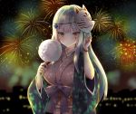  aerial_fireworks arm_up bangs blurry blurry_background blush breasts brown_kimono building closed_mouth commentary cotton_candy depth_of_field eyebrows_visible_through_hair facial_mark fingernails fireworks food fox_mask girls_frontline green_eyes hk416_(girls_frontline) holding holding_food japanese_clothes kimono long_hair long_sleeves looking_at_viewer mask mask_on_head medium_breasts melings_(aot2846) night night_sky obi outdoors revision sash silver_hair sky solo very_long_hair wide_sleeves 