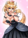  2018 alternate_species animal_humanoid blonde_hair blue_eyes bowser bowsette_meme breasts cleavage clothed clothing colored_nails digital_media_(artwork) ear_piercing eyelashes female hair hi_res horn humanoid humanoidized mario_bros nintendo piercing pointy_ears racoon-kun solo super_crown tongue tongue_out url video_games 