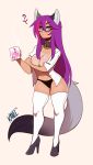  2018 ? animal_humanoid biped breasts canine clothing collar cup dress_shirt eyewear female fluffy fluffy_tail footwear fox fox_humanoid glasses grey_tail hair high_heels holding_cup holding_object humanoid kanel legwear long_hair long_tail looking_at_viewer mammal multicolored_hair nipples panties purple_eyes purple_hair shirt shoes simple_background solo standing steam stockings suntan tan_line tan_skin text thigh_squish two_tone_hair two_tone_tail unbuttoned underwear 
