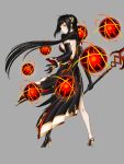  1girl absurdres ara_han black_hair circle_formation earrings elbow_gloves elsword energy_ball fur_collar gloves hair_ornament hairpin highres holding holding_weapon jewelry long_hair looking_back orb polearm spear weapon yama_raja_(elsword) yellow_eyes 