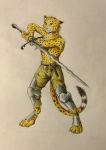  0laffson 2015 4_toes 5_fingers anthro armor cheetah digitigrade feline flamberge fur holding_object holding_weapon male mammal solo spots spotted_fur toes traditional_media_(artwork) weapon yellow_fur 