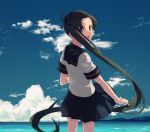 8ne_(nitika127) ayanami_(kantai_collection) black_hair black_sailor_collar black_skirt blue_sky brown_eyes cloud cowboy_shot day horizon kantai_collection long_hair looking_at_viewer looking_back ocean open_mouth outdoors pleated_skirt remodel_(kantai_collection) sailor_collar school_uniform serafuku side_ponytail skirt sky smile solo standing very_long_hair 