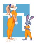  2018 angry anthro barefoot blonde_hair blue_eyes bound chain claws clothed clothing cybertuna dipstick_ears disney duo female flat_chested fur gloves hair handcuffed handcuffs hi_res judy_hopps jumpsuit lagomorph lola_bunny looking_back looney_tunes mammal multicolored_fur prison prisoner purple_eyes rabbit shackles simple_background size_difference smile teeth toe_claws two_tone_fur warner_brothers zootopia 