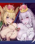  2girls :p armlet bangs between_breasts big_nose black_hair black_nails blonde_hair blue_background blue_eyes blush bowsette breast_press breast_suppress breasts choker closed_eyes closed_mouth collar collarbone commentary crown earrings eyebrows_visible_through_hair facial_hair frilled_choker frills ghost_pose gloves green_hat hair_between_eyes hand_on_own_chest hand_up hat high_ponytail highres horns jewelry large_breasts letterboxed long_hair long_sleeves looking_at_viewer looking_to_the_side luigi luigi's_mansion mario mario_(series) miniboy multiple_boys multiple_girls mustache nail_polish new_super_mario_bros._u_deluxe nose_blush open_mouth pale_skin person_between_breasts pink_eyes pointy_ears ponytail princess_king_boo raised_eyebrows red_background red_hat sharp_teeth sherryqq short_hair short_pointy_ears sideburns sidelocks silver_hair size_difference slit_pupils smile spiked_armlet spiked_collar spiked_shell spikes straight_hair strapless super_crown symmetrical_docking teeth tongue tongue_out turtle_shell upper_body v-shaped_eyebrows white_choker white_gloves x_x 