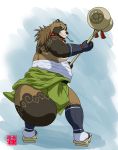  2018 anthro bandage belly brown_fur canine clothed clothing footwear fur gontadanuki gyobu hair hammer humanoid_hands jewelry leaf long_hair looking_back male mammal necklace overweight overweight_male robe sandals scar slightly_chubby solo tanuki tattoo tokyo_afterschool_summoners tools topless 