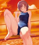  arm_support barefoot blush brown_eyes brown_hair closed_mouth cloud covered_navel eyebrows_visible_through_hair feet highres kinta_(distortion) looking_at_viewer one-piece_swimsuit outdoors pool school_swimsuit short_hair sitting solo spread_legs swimsuit 