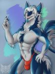  abs anthro blue_fur bulge chest_tuft clothed clothing fur hands_on_hips looking_at_viewer male muscular pecs sergal shysa-the-sergal solo thong thorin topless tuft 