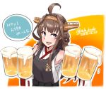  ahoge alakoala_shoushou alcohol apron beer beer_mug black_apron brown_hair chestnut_mouth commentary_request dated double_bun froth hairband headgear highres kantai_collection kongou_(kantai_collection) long_hair open_mouth ribbon-trimmed_sleeves ribbon_trim solo translation_request twitter_username upper_body white_apron 