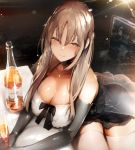  alcohol bangs black_gloves blush bottle breasts brown_eyes champagne_flute commentary_request cup dress drinking_glass elbow_gloves eyebrows_visible_through_hair glass gloves half-closed_eyes highres indoors large_breasts light light_brown_hair long_hair long_sleeves looking_at_viewer night nijisanji nishiide_kengorou open_mouth sidelocks sister_cleaire skindentation smile solo thighhighs thighs very_long_hair virtual_youtuber white_legwear yellow_eyes 