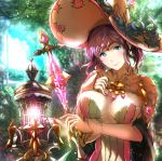  alternate_breast_size blue_eyes blurry blurry_background breasts circlet cleavage day granblue_fantasy hat highres kuziaaizuk lantern large_breasts lennah long_sleeves looking_at_viewer outdoors purple_hair smile solo upper_body 