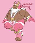  &lt;3 2018 anthro bear belly black_nose bow brown_fur bulge clothed clothing cute_fangs digital_drawing_(artwork) digital_media_(artwork) fangs full-length_portrait fur girly leggings legwear loneliestbara male mammal mask musclegut nipples overweight overweight_male pecs pink_background portrait ribbons short_tail simple_background slightly_chubby solo tuft white_fur 