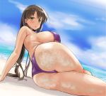  arm_support armpits ass bangs bare_arms bare_legs bare_shoulders beach bikini black_hair blue_sky blush breasts brown_eyes collarbone colored_eyelashes commentary_request cowboy_shot day eyebrows_visible_through_hair from_behind hair_between_eyes iwato_kasumi large_breasts lips long_hair looking_at_viewer lying momoiro_tunozemi ocean on_side outdoors purple_bikini saki sand shore skindentation sky solo sweatdrop swimsuit thighs twisted_torso very_long_hair 