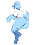  2019 anthro avian beak big_butt bird blue_fur bottomless breasts butt clothed clothing feathers female fur half-closed_eyes looking_at_viewer meme non-mammal_breasts open_mouth shelterinen solo thick_thighs tweetfur twitter wings 