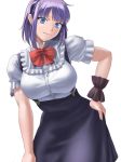  black_hairband blue_eyes bow breasts closed_mouth dagashi_kashi frills hairband hand_on_hip high-waist_skirt ho_den_keiji large_breasts looking_at_viewer purple_hair ribbon ringed_eyes shidare_hotaru short_hair skirt smile standing suspender_skirt suspenders 