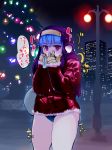  1girl @_@ alternate_costume anamochi bangs blue_buruma blue_hair blunt_bangs blush breath building buruma christmas christmas_tree cold covering_mouth cowboy_shot eyebrows_visible_through_hair female fur-trimmed_jacket fur-trimmed_sleeves fur_trim gloves habit hands_together hands_up have_to_pee highres holding jacket japanese_text kula_diamond lamppost long_sleeves nervous night night_sky outdoors sack shiny shiny_hair sky skyscraper solo speech_bubble standing talking the_king_of_fighters translation_request tree trembling 
