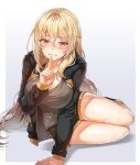  arm_support bangs black_hoodie black_shorts blonde_hair blush breasts collarbone dungeon_and_fighter finger_to_mouth hair_between_eyes hood hoodie large_breasts lhu_(barappra1) long_hair open_clothes open_hoodie outside_border red_eyes shoes short_shorts shorts shushing sidelocks sneakers solo tank_top thighs very_long_hair wavy_hair 