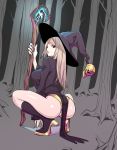 ass blonde_hair commentary_request forest from_behind glowing hat high_heels long_hair looking_at_viewer looking_back nature original panties purple_eyes skull_hat_ornament solo squatting staff tree underwear velzhe witch_hat yellow_panties 