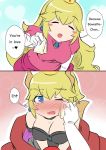  armlet blue_eyes blush bowsette breasts cleavage collar comic crown dress earrings engrish full-face_blush jewelry long_hair mario_(series) multiple_girls new_super_mario_bros._u_deluxe nose_blush princess_peach ranguage sesield super_crown tears 