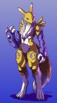  2018 absurd_res anthro armwear blue_eyes bridal_gauntlets chest_tuft claws clothing digimon dipstick_tail female flat_chested fur greasymojo hi_res looking_at_viewer multicolored_tail muscular renamon simple_background solo tuft white_fur yellow_fur 