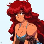  90s armband bangs big_hair breasts camisole cleavage commentary dark_skin david_liu english_commentary hair_down long_hair maria_(space_maria) medium_breasts red_eyes red_hair scar solo space_maria spaghetti_strap white_background 