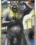  2018 5_fingers anthro balls barbell bear bedroom_eyes belly biceps biped black_balls black_claws black_fur black_nipples black_nose black_penis blaker cellphone chest_tuft claws digital_drawing_(artwork) digital_media_(artwork) doorway eye_markings facial_markings fangs fist flaccid flexing front_view fur fur_tuft glans grey_eyes half-closed_eyes half-length_portrait head_tuft holding_object holding_phone humanoid_hands humanoid_penis inside lighting male mammal markings mirror_selfie multicolored_fur musclegut muscular muscular_male muzzle_scabs navel nipples nivardo_(fursona) nude open_mouth open_smile overweight overweight_male pecs penis phone pink_glans portrait pubes punching_bag raised_arm seductive selfie shadow smile snout solo spectacled_bear standing tuft two_tone_fur weights window yellow_fur yellow_markings 