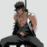  alternate_costume arms_behind_back belt biceps curly_hair enjouji_michiru idolmaster idolmaster_side-m jewelry male_focus midriff muscle necklace pectorals solo stripper_pole tan u_(uuupixi) vest 