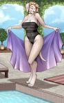 2018 5_fingers anthro areola blonde_hair breasts canine clothed clothing detailed_background digital_media_(artwork) female freckles hair mammal outside robyn_paperdoll solo standing swimming_pool towel wide_hips 