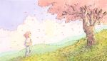  blue_sky cloud cloudy_sky grass heikala highres hill inktober medium_hair original outdoors pink_hair pink_petals pink_shirt plant shirt short_sleeves sky solo traditional_media tree watercolor_(medium) 