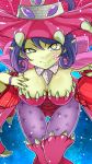  1girl appmon artist_request bandai breast_grab breasts cleavage demon_girl digimon digimon_universe:_appli_monsters fangs female grabbing hat large_breasts leotard long_hair looking_at_viewer monster_girl pointy_ears solo succubus symbol-shaped_pupils thong warudamon yellow_eyes 