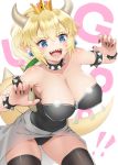  :d absurdres bare_shoulders black_legwear black_leotard black_nails blonde_hair blue_eyes bowsette bracelet breasts cleavage collar collarbone commentary_request crown earrings eyebrows eyebrows_visible_through_hair fingernails highres horns jewelry large_breasts leotard mario_(series) nail_polish new_super_mario_bros._u_deluxe open_mouth pointy_ears ponytail saruchitan sharp_teeth short_hair simple_background smile solo spiked_armlet spiked_bracelet spiked_collar spikes standing super_crown tail teeth thighhighs white_background 