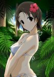  bangs bikini blurry blurry_background breasts brown_eyes brown_hair cleavage closed_mouth commentary_request flower forest from_side girls_und_panzer hair_flower hair_ornament looking_at_viewer medium_breasts nana_(manaita_koumuten) nature palm_tree parted_bangs sawa_azusa short_hair side-tie_bikini solo standing swimsuit tree upper_body v_arms wet white_bikini 