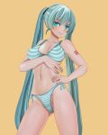  1girl armad ass_visible_through_thighs bangs bare_shoulders bikini blue_bikini blue_eyes blue_hair blue_nails blush breasts closed_mouth collarbone cowboy_shot female fingernails hair_ornament hand_on_hip hand_up happy hatsune_miku highres long_hair looking_at_viewer matching_hair/eyes medium_breasts nail_polish navel number number_tattoo pubic_hair pubic_hair_peek shiny shiny_hair shiny_skin side-tie_bikini simple_background smile solo standing striped striped_bikini swimsuit tattoo tied_hair twintails very_long_hair vocaloid yellow_background 