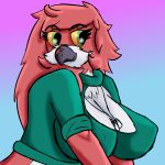  2018 acacia_stormwood_(frooby) anthro avian beak big_breasts bird breasts clothed clothing digital_drawing_(artwork) digital_media_(artwork) dog_tags feathers female frooby fur green_eyes non-mammal_breasts parrot red_fur scar smile solo sweater turtleneck yellow_eyes 