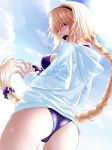  :o ass black_hairband blonde_hair blue_eyes blue_hoodie braid breasts commentary_request embarrassed fate/grand_order fate_(series) fenrir_(fenlil0316) from_behind from_below hair_ornament hair_scrunchie hairband highres hood hood_down jeanne_d'arc_(fate)_(all) jeanne_d'arc_(swimsuit_archer) large_breasts long_braid long_hair looking_at_viewer looking_back purple_swimsuit scrunchie single_braid solo swimsuit very_long_hair 