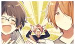  akizuki_ryou blue_eyes brown_eyes brown_hair f-lags_(idolmaster) glasses hair_over_one_eye idolmaster idolmaster_side-m kabuto_daigo male_focus multiple_boys orange_hair pink_hair smile suzuki_yui tsukumo_kazuki upper_body 